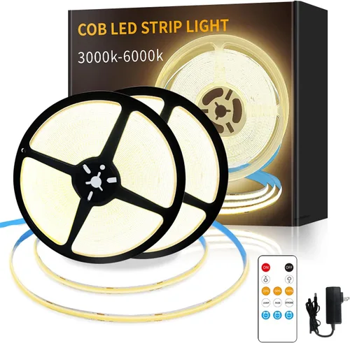 Vista 8 de Tira de luces LED COB de 32.8 pies, 3000 K, blanco cálido, regulable, CC de 24 V, cinta LED flexible para dormitorio, con control remoto