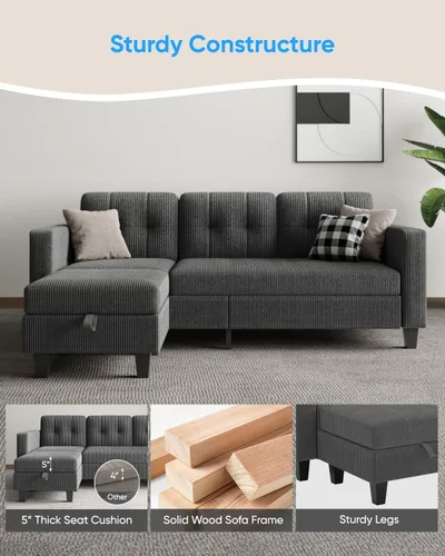 Vista 5 de Sofá en forma de L de 76 pulgadas, sofá modular convertible de pana con otomana de almacenamiento reversible, moderno sofá modular de 3 asientos