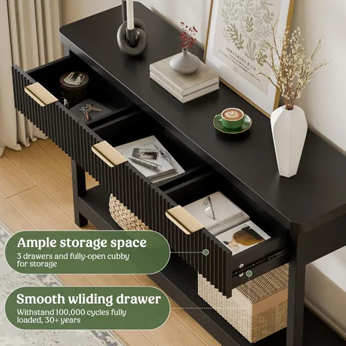 Vista 5 de Lulive Mesa Consola Acanalada de 51" para Entrada, Mesa de Entrada con 3 Cajones de Madera, Mesa Estilo Granja Detrás del Sofá para Sala de Estar