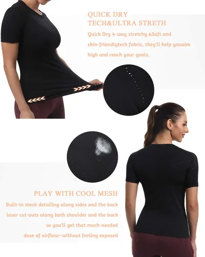 Vista 3 de RUNNING GIRL Camisas de entrenamiento sin costuras para mujer, camisetas de manga corta con cuello redondo, camisetas de yoga elásticas