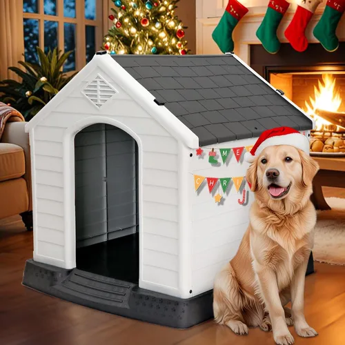 Vista 9 de Casa de plástico resistente al agua para perros pequeños a grandes, refugio para cachorros de interior con rejillas de ventilación y piso elevado