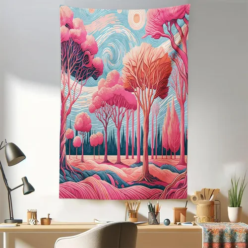 Vista 171 de Ambesonne Tapiz verde, fases lunares alrededor de un árbol de la vida, impresión de diseño bohemio de astrología nocturna, decoración de tela