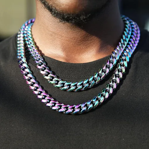 Vista 4 de Rowin&Co Mens Chunky Miami Cuban Link Chain - Rainbow Multicolor Stainless Steel Curb Necklace, Nickel-free, Colorful Chains, Hip Hop Jewelry Choker