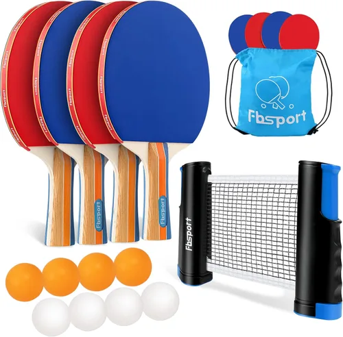 Vista 9 de FBSPORT Set de palas de ping pong, juego de tenis de mesa con 4 raquetas y 8 bolas, red retráctil con bolsa de almacenamiento - accesorios de pala 4