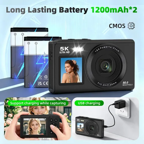 Vista 8 de Cámaras digitales 5K 80MP para fotografía con trípode 2 baterías 64GB Dual Screen Autofocus Vlogging Camera for YouTube,Compact Point and Shoot