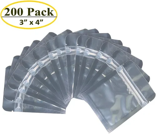 Vista 2 de Paquete de 200 bolsas de Mylar con cremallera de 3 x 4 pulgadas, bolsas de plata transparente resellables, bolsas reutilizables de papel de aluminio