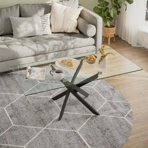 Vista 4 de Mesa de centro de vidrio templado con patas de metal, mesa rectangular moderna para sala de estar en casa, oficina, sala de estar