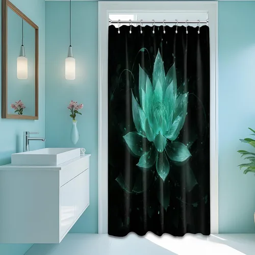 Vista 57 de Cortina de ducha con flores de loto negro y azul para decoración de baño, juego de cortinas decorativas de baño con estampado floral, tela