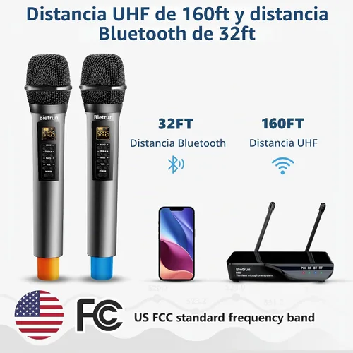 Vista 2 de Micrófono inalámbrico Bietrun con eco/agudos/graves, rango UHF de 160 pies, sistema de micrófono dinámico de mano inalámbrico doble UHF para karaoke