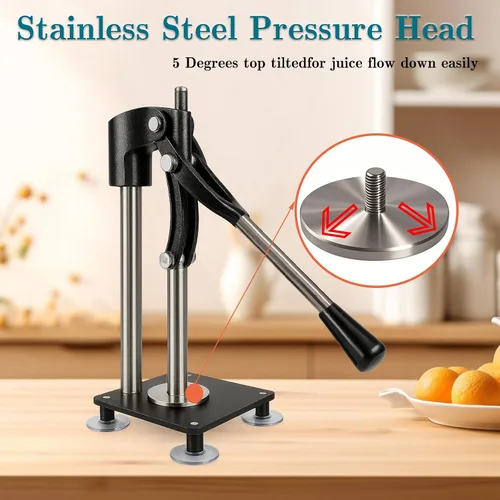 Vista 4 de Prensa de exprimidor de mano resistente negra, exprimidor de limón de metal con taza de acero inoxidable de 17.6 fl oz para exprimir cítricos