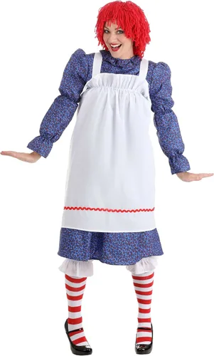 Vista 5 de Conjunto de disfraz de muñeca de trapo para mujer con peluca, vestido de muñeca de trapo para adultos, Azul, blanco, rojo.