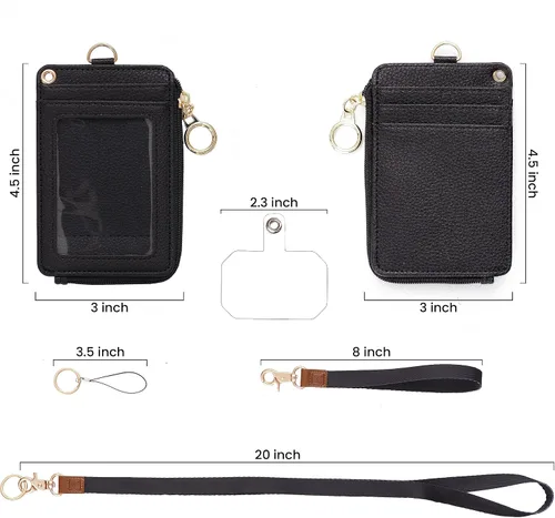 Vista 5 de Mondo Designs Soporte de tarjetas de ID 2 en 1, cartera chica multiusos, correa de muñeca extraíble, cordón para cuello, ventana clara, 5 ranuras