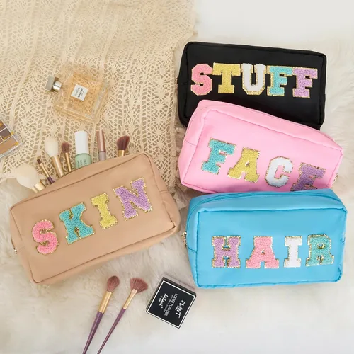 Vista 2 de Bolsa de maquillaje de nailon para cosméticos, 4 piezas, con cremallera, trébol de piedra de chenilla, impermeable, organizador de viaje