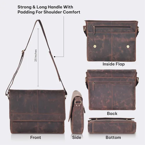 Vista 4 de VALENCHI Bolsa tipo mensajero de cuero de grano completo para laptop de 15.3 pulgadas para hombres y mujeres, compartimento acolchado para laptop