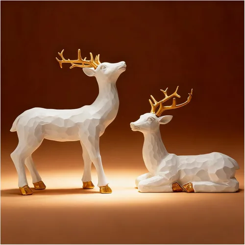 Vista 11 de Adornos de ciervo simulados para decoración navideña, 2 piezas de adornos de ciervo geométricos facetados de resina, decoración para el hogar, Dorado