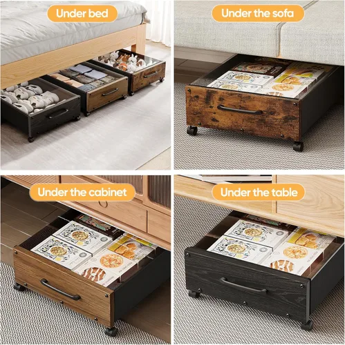 Vista 7 de KITHELP Almacenamiento de madera debajo de la cama con ruedas, contenedores de almacenamiento rodantes debajo de la cama con tapa extraíble, cajones