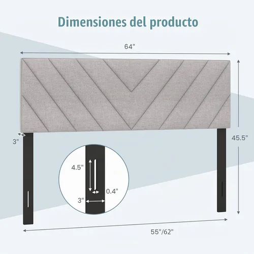 Vista 3 de KOMFOTT - Cabecera tapizada en tela de lino para cama tamaño Full/Queen, cabecera rectangular con patas de madera maciza y ancho ajustable, cabecera