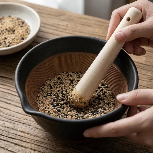 Vista 6 de Asayu Japanese Ceramic Black Mortar Bowl with Wooden Pestle 6.3 in (160 mm), Made in Japan Dishwasher and Microwave Safe Ripple Ridge Suribachi and