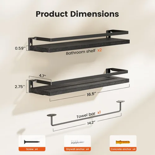 Vista 3 de AMADA HOMEFURNISHING AMFS01B - Estantes de baño con toallero, estantes flotantes, estantes de pared para baño/sala de estar/cocina/dormitorio