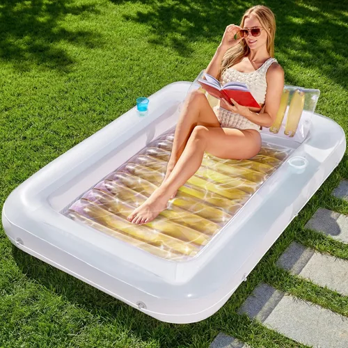 Vista 22 de SLOOSH Flotador inflable, camastro para adultos, con almohada, 178 x 117 cm, 4 en 1: balsa-tina bronceadora, camastro para tomar el sol, fiestas Azul