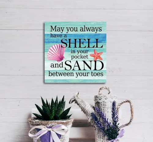 Vista 5 de Letrero de madera con texto en inglés "May You Always Have a Shell in Your Pocket and Sand between Your Toes", letrero de playa de madera