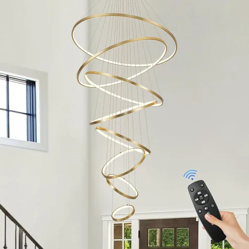 Vista 10 de Candelabro LED Moderno de Techo Alto 5 Anillos Dorados Candelabros Vestíbulo Regulable Accesorio de Luz Colgante de Techo Contemporáneo Candelabro