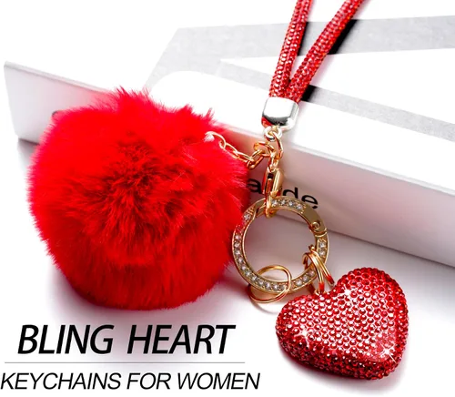 Vista 2 de Lindos llaveros de corazón para mujer, accesorios de llavero para mujer, llavero femenino para llaves de automóvil, mochila con pompón