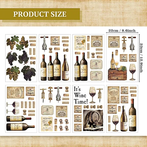 Vista 2 de 8 hojas de calcomanías de pared para botella de vino, calcomanías de pared de frutas de uva, decoración de cocina, calcomanías de cata de vinos