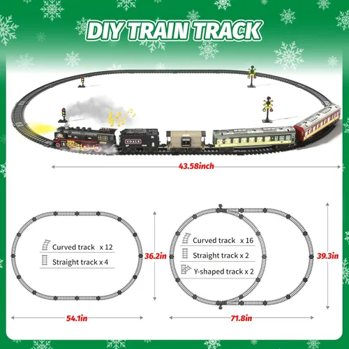 Vista 4 de Funwee Juego de tren con vagones de pasajeros brillantes para debajo del árbol de Navidad, juguete de tren eléctrico con humo, luz y sonido, idea