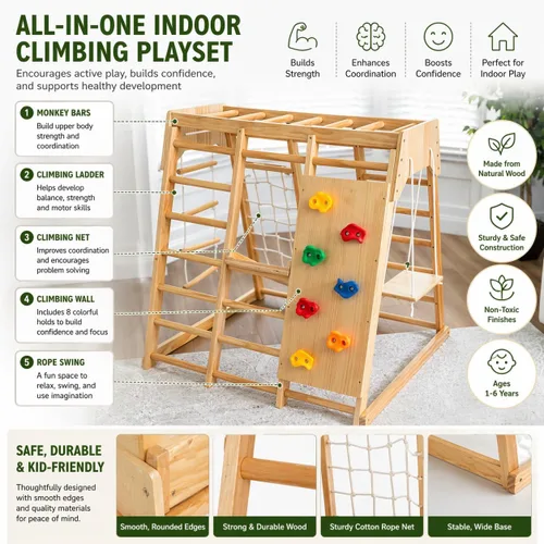Vista 2 de Avenlur Magnolia Zona de juegos para interiores 7 en 1, gimnasio de la selva para niños de 2 a 6 años - Tobogán, pared de escalada, escalador