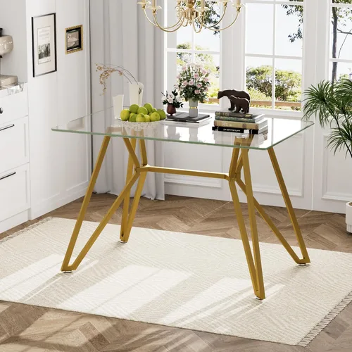 Vista 13 de Mesa de comedor redonda de 35.4 pulgadas para 4, moderna mesa de cocina de vidrio transparente para 4 personas con patas de metal dorado, mesas
