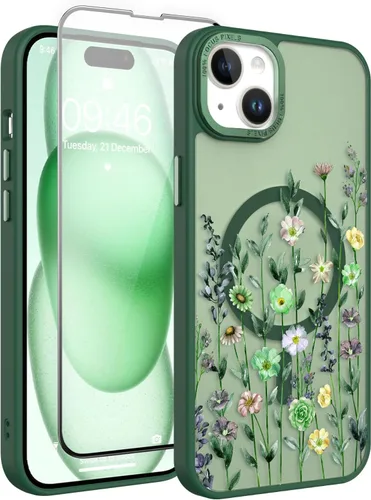 Vista 152 de Magnético para iPhone 13 con protector de pantalla [Compatible con MagSafe] Diseño de patrón floral de flores bonitas, funda delgada a prueba