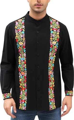 Vista 10 de Camisas mexicanas para hombre, camisa de manga larga bordada con botones y cuello mandarín