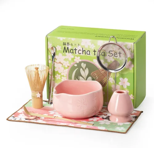 Vista 7 de Juego de batidor de matcha, kit de 8 piezas que incluye tazón, batidor de bambú y soporte, cuchara de bambú, colador de té, toalla de té, agitador
