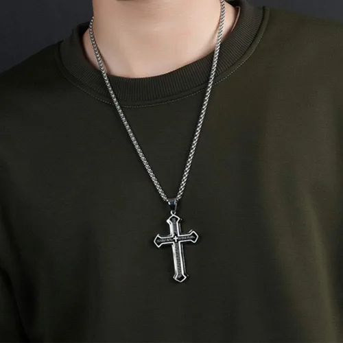Vista 6 de OLEVS Collar con colgante de cruz para hombre, collar grande con colgante de cruz de acero inoxidable para hombres y mujeres
