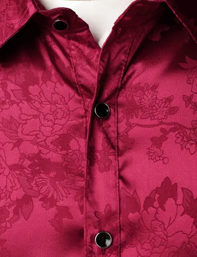 Vista 4 de ZEROYAA Camisas de vestir de manga larga con botones y estampado floral de satén brillante para hombre para fiesta de graduación