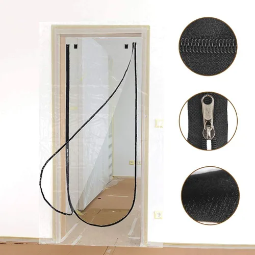 Vista 3 de Barrera antipolvo de puerta de 43 x 83 pulgadas con cierre preinstalado, kit de protección de barrera temporal de plástico en forma de U