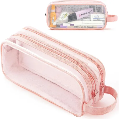 Vista 10 de Estuche grande de malla de malla con 2 compartimentos, bolsa transparente para lápices con cremallera, bolsa de papelería transparente multifunción