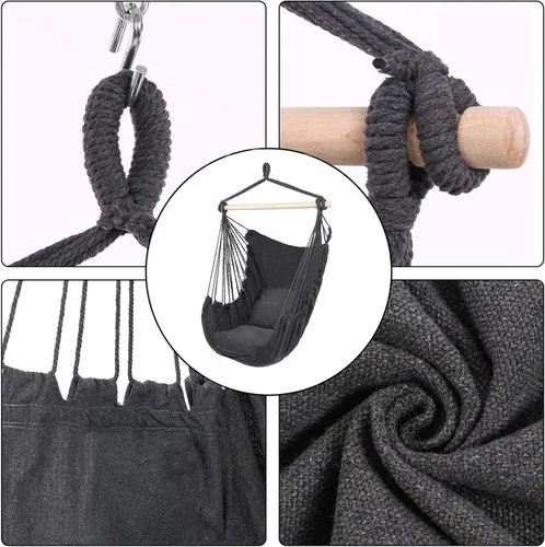 Vista 2 de Silla hamaca columpio, silla colgante de macramé, lona de algodón, incluye dos cojines de asiento suaves, silla hamaca colgante de cuerda