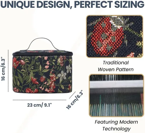 Vista 3 de Signare Neceser de tapicería, bolsa organizadora de maquillaje para mujer, diseño de jardín matutino, color negro (TOIL-MGDBK), Negro