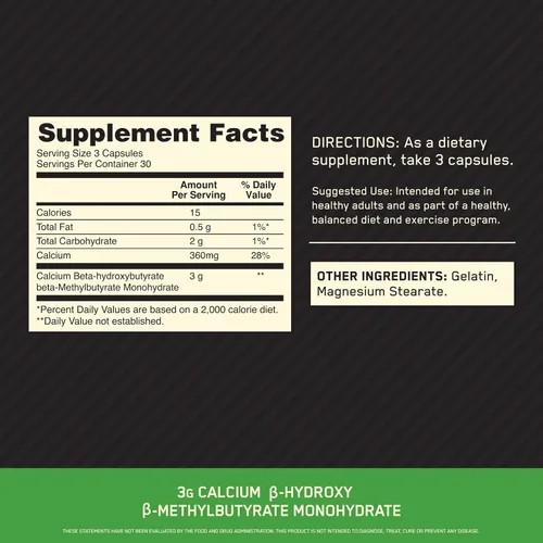 Vista 2 de Optimum Nutrition HMB 1000 Caps, 1g de calcio beta-hidroxi beta-metilbutirato por cápsula, 90 cápsulas, 30 porciones