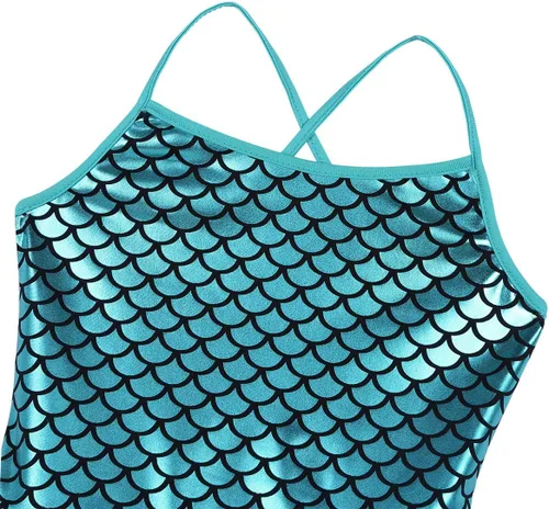 Vista 5 de Disfraz de sirena brillante para niñas, escamas de pez, espalda cruzada, leotardo tutú, ropa de baile, vestido de princesa