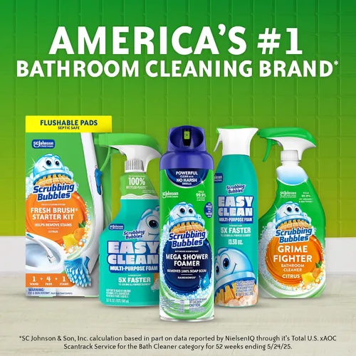 Vista 8 de Scrubbing Bubbles Mega Limpiador de Baño y Ducha en Spray, Acción Espumosa Elimina el Sarro y la Suciedad, Aroma a Lluvia, 32 onzas