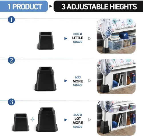 Vista 3 de Home It Elevadores de cama ajustables, elevación en 3, 5 u 8 pulgadas, elevadores de muebles apilables resistentes que soportan 1,300 libras