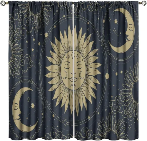 Vista 31 de Cortinas opacas con diseño de sol y luna, cuerpos celestes bohemios, con diseño de sol, luna y estrellas, para sala de estar, dormitorio, 42 x 45