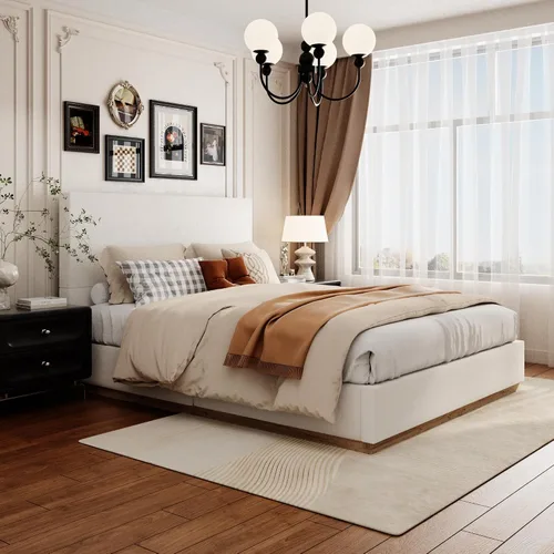 Vista 3 de Base de cama matrimonial con cabecero, plataforma tapizada de terciopelo con base de madera cerrada, estructura de metal y soporte de listones