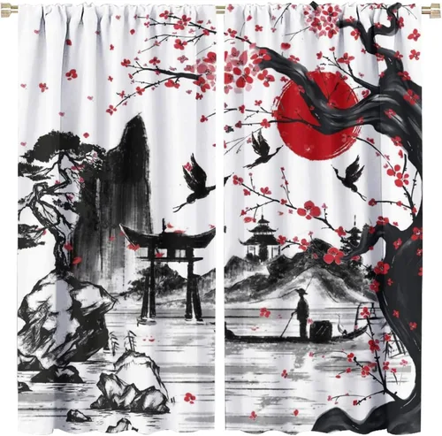 Vista 26 de Cortinas opacas con bolsillo para barra de arte asiático japonés para dormitorio, diseño de anime azul, océano, fantasía, cielo estrellado, Torii
