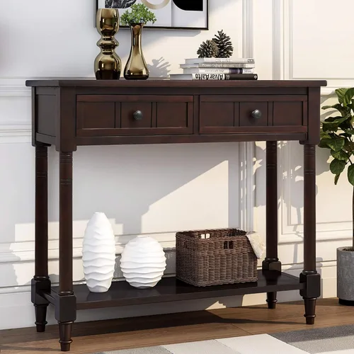 Vista 11 de P PURLOVE Mesa de sofá con cajones, mesa de entrada, mesa de consola de madera con dos cajones de almacenamiento y parte inferior para sala de estar