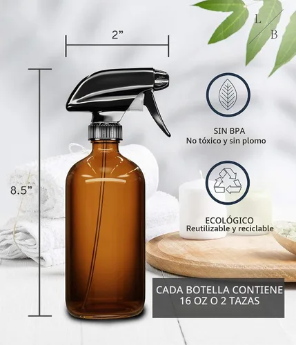 Vista 6 de LiBa Paquete de 2 botellas de vidrio ámbar, botella de spray vacía recargable de 16 onzas para limpieza, aceites esenciales, cabello, plantas