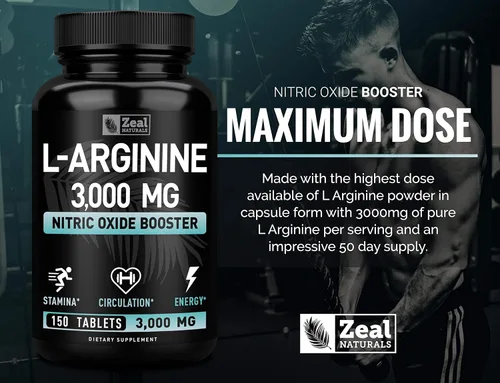 Vista 5 de Zeal Naturals Suplemento de L-Arginina – 3000 mg, 150 tabletas Refuerzo de óxido nítrico Suplemento de arginina L para hombres y mujeres Apoya